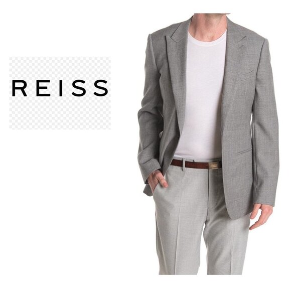 Reiss Mens Gray Peak Hopsack Woven Wool Blazer Suit Jacket Sz 40 New - Picture 1 of 10